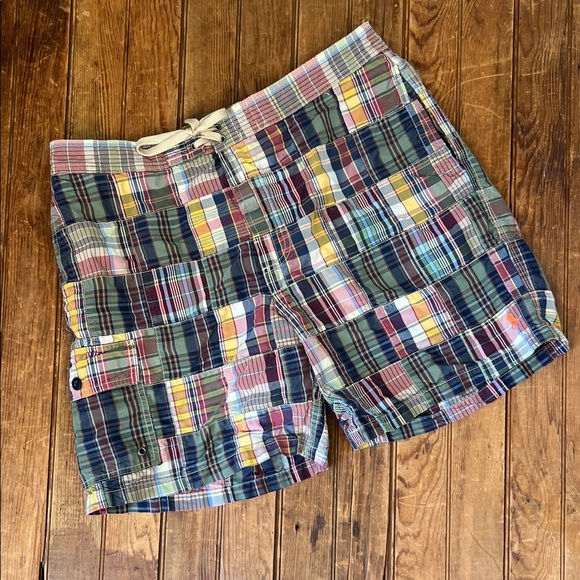 Mens vintage 90s Ralph Lauren blue label Madras plaid swim trunks size large - Picture 1 of 8